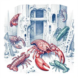 stippled red 2 & blue - green inks of varied filthy rugated armored crustaceans, evil, clawing & terrified as massive brutalist structure, claustrophobic drag race, clustered back cannons firing meteors, by virgil finlay, vincente b ballestar, by francesco blanc, geof darrow, & by jack gaughan high resolution, hyper