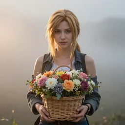 Beautiful riveting aesthetically pleasing Aerith Gainsborough holding a flower basket portrait, face centered portrait, Confident, fog, rain, volumetric lighting, beautiful, golden hour, sharp focus, ultra detailed, conceptartworld by Leesha Hannigan, Ross Tran, Thierry Doizon, Kai Carpenter, Ignacio Fernández Ríos