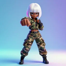 portrait of black anime manga girl, throwing punch pose towards camera, french bob hair, white hair, wearing camo, by gustave dore, vaporwave colors, lofi colors, vaporwave, lofi, goth vibe, 4 k, smooth, hd, substance designer render, full body character concept art, 2 point lighting,