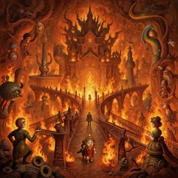 beguiling epic stunning beautiful insanely detailed matte painting of a bridge through fire dream worlds designed by heironymous bosch, by cyril rolando and asher durand and natalie shau, whimsical, intricate