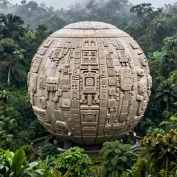 photograph of a gigantic paleolothic sphere made of stone with highly detailed carvings of intricate shamanic robotic electronics and circuits, in a rain forest, inside a valley overlooking the amazon, by michal karcz, amazonian vista