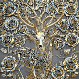 deer skeleton dripping gold, chrome plated roses, gilded paracosm, tree of life in the background, moody, dramatic, transcendent, vibrant color, clean linework, finely detailed, 4 k, trending on artstation, photorealistic, volumetric lighting, octane render