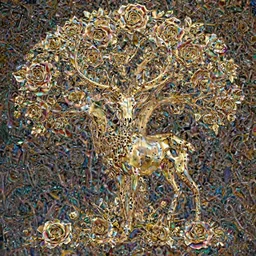deer skeleton dripping gold, chrome plated roses, gilded paracosm, tree of life in the background, moody, dramatic, transcendent, vibrant color, clean linework, finely detailed, 4 k, trending on artstation, photorealistic, volumetric lighting, octane render