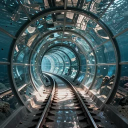 an undersea tunnel with railway tracks in it, a digital rendering by leandro erlich, pinterest, plasticien, hall of mirrors, made of glass, futuristic