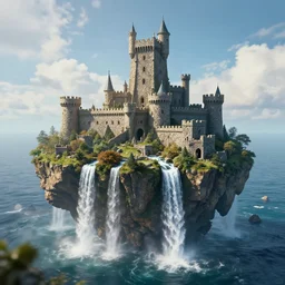 ultrafine digital render of an incredibly detailed stone castle on an sky island over a vast ocean, a beautiful waterfall is falling from the island, by daniel yosef abdu, surendra rajawat, trending on artstation : 1 0, highly detailed textures, 4 k render, photorealistic, volumetric lighting : 5, unreal engine : 4, deep colors and a sunny cloudy sky : 4, bokeh, blur, blurry, motion, undeveloped, noisy, watermark, scratches, text, messy, dirty, unclear, underexposed, too dark, unfocus : - 4