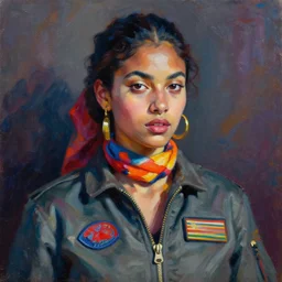 detailed portrait in daring femininity, ethnic, statuesque, confident realistic face, flight suit and scarf, bathed in morning light, chiaroscuro, radiosity, impasto impressionism, contrasting highlights, playful color scheme, vibrant, modern fashion, contemporary art, deep rich hues, oil on canvas