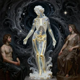 Beautiful full-body wax sculpture of glowing transparent woman with visible golden bones covered with melted white candle wax inside the singularity where stars becoming baroque folds of dark matter by Michelangelo da Caravaggio, Nicola Samori, William Blake, Alex Grey and Beksinski, dramatic volumetric lighting, highly detailed oil painting, 8k, masterpiece