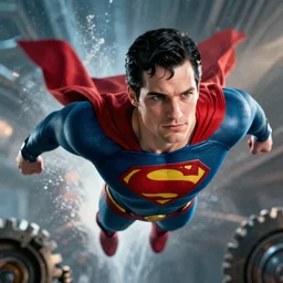 pickle rick as superman! flying in ( gears of war ), splash art, movie still, detailed face, photorealistic facial features, cinematic lighting, dramatic, octane render, long lens, shallow depth of field, bokeh, anamorphic lens flare, 8 k, hyper detailed, 3 5 mm film grain