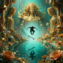 beautiful symmetrical scateboarder jumps over the pond! silence again, surrounded by machine axonometric fantasy intricate elegant highly detailed in volumetric void of latent space lush flowers surround, realm of the gods golden turquoise steampunk, high contrast cinematic light, mystical shadows, octane render, photographic, concept art, art high renaissance art, unreal engine 8 k