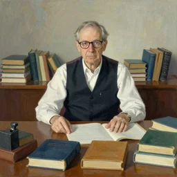 portrait of an older man in a vest and white shirt sitting behind a big desk, he is wearing glasses, there are a lot of books laying around, style of greg rutkowski