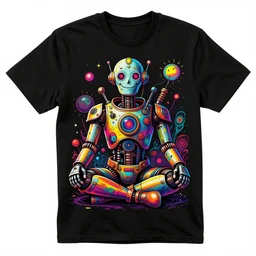 a black tshirt with a hyperdetailed portrait of a meditating steampunk robot by robert crumb, 8 k, symetrical, flourescent colors, happy trippy mood, multicolored,