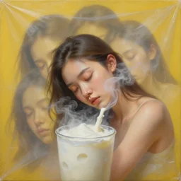 3 d, close - up, ice milk, smoke, sleepy fashion model, light fog, plastic, poster art, high detail, intricate oil painting, multiple exposure, deep yellow mood, hyperrealism, 3 d, by tooth wu and wlop and beeple and greg rutkowski