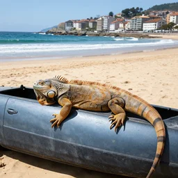 basque country beach, giant iguana sleeping on a beached spanish caravel