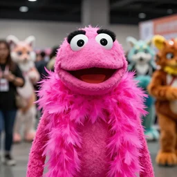 hot pink feather boa muppet at furry convention, with furries in the background