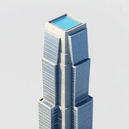 the skyscraper made of 3 d shape grammar, concrete, glass, pool
