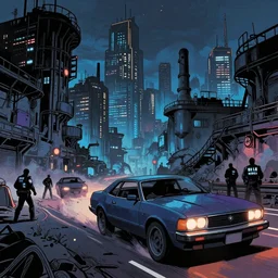 detailed ultra - realistic graphic novel illustration of shadowrun cyberpunk postapocalyptic desolate industrial district, car chase, police and hackers, shadowun night city perspective view, inspired by famous sci - fi illustrators, violet, black, blue vibrant colors