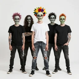 portrait of a zombie punk rock band, t - shirt, ripped jeans, head made of fruit gems and flowers in the style of arcimboldo, basil wolverton, james jean, cartoonish graphic style, street art, silkscreen pop art, punk graphics, photocopy