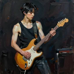 large diagonal brush strokes, abstract dark painting of a young korean male musician wearing black tank top holding a telecaster!!! electric guitar!! in a dark room, thick flowing dramatic brush strokes, matte colors, abstract, impressionist, movement, trending on artstation