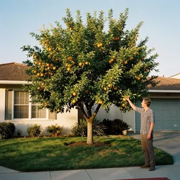 a tree growing oranges outside a california suburban home, style of photographers willem verbeeck and Kyle McDougall, complimentary colors, filmic, golden hour