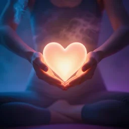 a beautiful heart glowing with love in the hands of a yoga person that gives the heart to you, ultrarealistic motionblur, neon lights beaming moody loving surrounding it with smoke