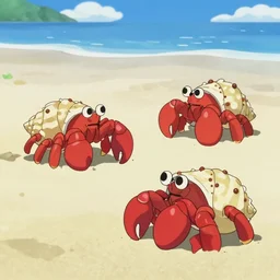 two red cute hermit crabs on beach, style of japanese cartoon