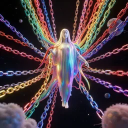 surreal environment suspended in space by god - like rainbow chains [ blender eevee, in the style of wlop and greg rutkowski ]