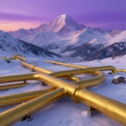 landscape, gold pipelines, snowy mountains, purple sunset. gold pipes. fantasy, digital painting, hd, detailed.