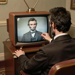 old photo from behind of abraham lincoln playing nintendo on a steampunk television