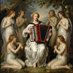 the goddess of accordions surrounded by a court of nymphs, by tom bagshaw peter kemp