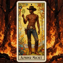 a dramatic ethereal epic painting of a handsome! black cowboy offering a small plant | he is shirtless and wearing a hat and boots | background is a fiery! burnt burning forest | tarot card, art deco, art nouveau, homoerotic | by Mark Maggiori and (((Alphonse Mucha))) | trending on artstation