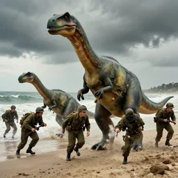 Saving Private Ryan storming the beach at Normandy but all of the soldiers are velociraptors, movie screenshot, directed by Henry Selick and Tim Burton.