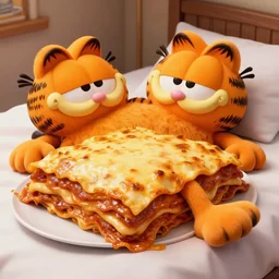 hyperrealistic Garfield lying on a bed of lasagna, 4k, DSLR camera photo,