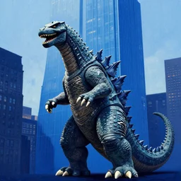 kaiju in new york, blue building in the background, art by ismail inceoglu
