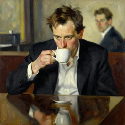dale cooper drinking coffee, coffee reflection, painting by jc leyendecker!! phil hale!, angular, brush strokes, painterly, vintage, crisp