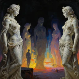 close - up view of silhouettes of otherworldy baroque neoclassicist sci - fi marble figures in a colorful glowing courtyard at night. gloomy atmosphere, dark black background. highly detailed fantasy science fiction painting by moebius, norman rockwell, frank frazetta, and syd mead. rich colors, high contrast. artstation