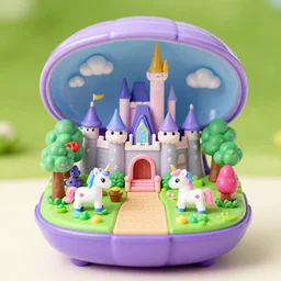 a clamshell polly pocket containing a fantasy castle garden with unicorns, etsy photo