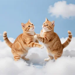 two orange tabby cats frolicking in a field of clouds
