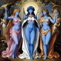 trinity of blue - skinned evangelion anime characters as godesses and gods, classical roman renaissance painting scene, baroque fantastical greek art wall fresco, hindu deity cyberpunk, movie still, eva poster ova, high quality, golden ratio, cycles, very colorful, starry sky, blasphemous orthodox icon