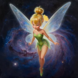 portrait of Tinker Bell in the space with nebulae, realistic painting, high definition, digital art, matte painting, very detailed, realistic