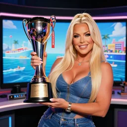 photo of Carmen Electra inside video game Cruisn' USA holding a trophy, fine art photography