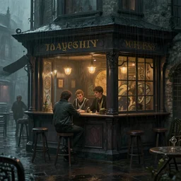 a victorian tavern with rainy and moody cinematic lighting by darek zabrocki and greg ruthkowski, alphonse mucha, simon stalenhag and cinematic and atmospheric, concept art, artstation, trending on artstation