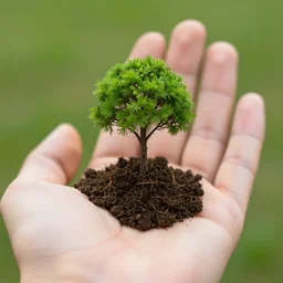 a miniature tree growing out of a pile of soil in the palm of a hand, close up