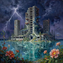 a beautiful hyperdetailed painting of unfinished building nature court by georges seurat, evil at night hyperrealism flowers elysian matte painting bladerunner 2 0 4 9 cgsociety sea extraterrestial dieselpunk apocalyptic gem thunderstorm made of glass lake fantasy, archdaily, wallpaper, highly detailed, trending on artstation.
