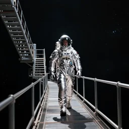 mysterious man in silver space suit, walking on an industrial catwalk with stairs that lead nowhere, floating in deep space with a black background, photograph, wide angle