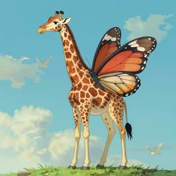 giraffe with butrerfly wings on its back, full body shot, wings, by studio ghibli