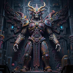 complex totem to the machine god, outside, cyberpunk, symmetrical, coherent, hyper detailed, layered very far shot, ominous lighting, colorful