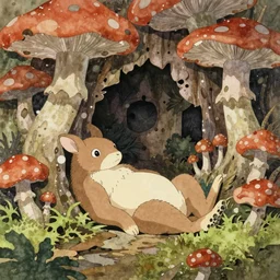 professional coherent still frame cinematic close - up shot from appealing naturalistic satyr relaxing in a serene fungus palace, representational earth tones, stunning clarity experimental cut paper mixed media blotchy character shape design by masaaki yuasa, pleasing palette watercolor masterpiece