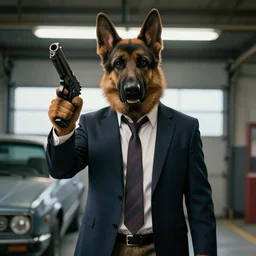 film still of the main character furry anthro anthropomorphic german shepard head animal person fursona wearing clothes a suit and tie standing holding a pistol in the garage scene in an action movie posing for the camera 2020, 4k