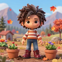 a cute stopmotion animation character, a beautiful canadian woman, gardening, very attractive, spiky dark brown and grey hair, striped sweater, tight denim jeans, maroon doc marten boots, canadian maple leaves blowing about, mountains, autumn, unreal engine 5, 8 k, kubo and the two strings, disney, pixar,