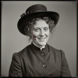 a late 1 9 th century, thirtysomethins years old, austro - hungarian woman ( with termed kyphosis, with wart, messy, brown hair, [ [ large black hat ] ], bun, looks almost like cate blanchett with a [ [ playful / cunning smile ] ] ), daguerreotype by emil rabending